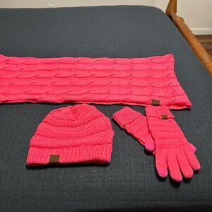 CC Beanie Hat, Gloves and Infinity Scarf Set Color: Hot Pink Condition: Like New
